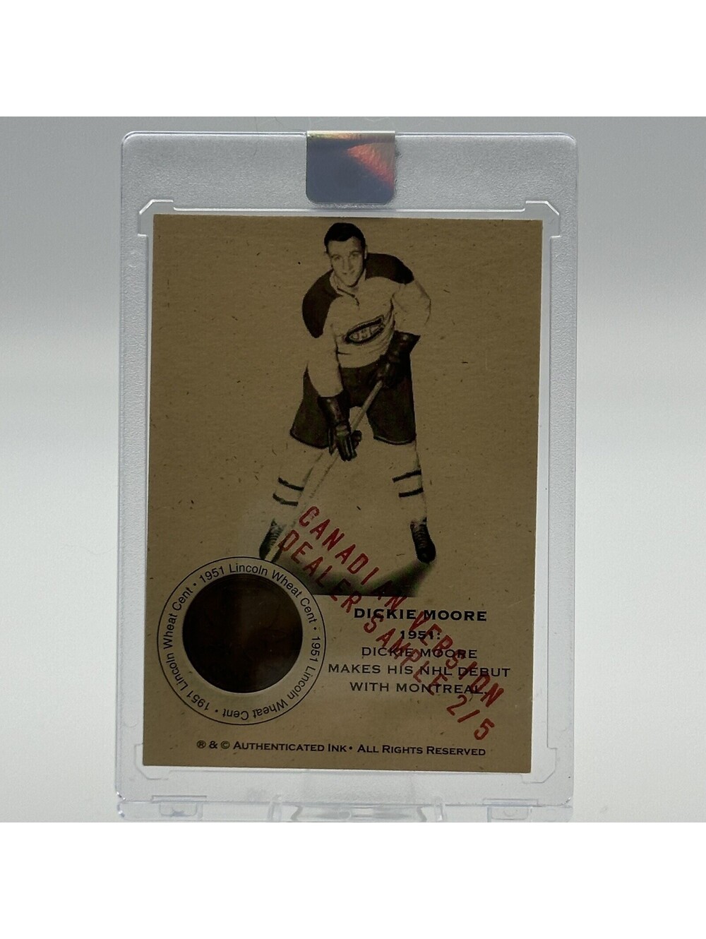 Dickie Moore 1951 Canadian Dealer Sample 2/5 Lincoln Wheat Cent NHL Debut